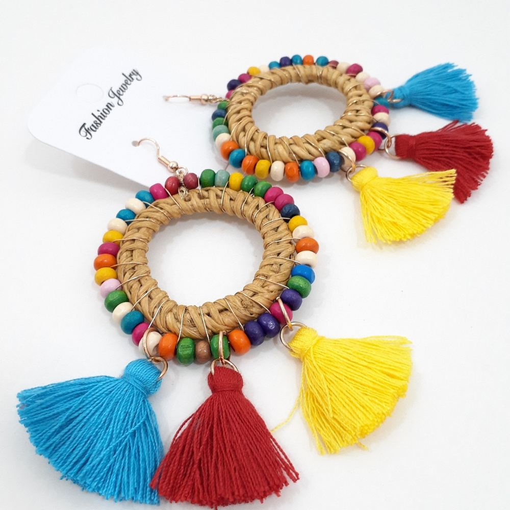 Multicolors Big Tassel Earrings with Wood Bohemian Trendy Jewelry
